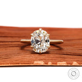 Old mine cut moissanite engagement ring brushed matte yellow gold band