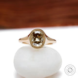 Old mine cut yellowish champagne moissanite signet engagement ring