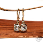 Old mine cut elongated cushion lab diamond dangle earrings in 10k yellow gold