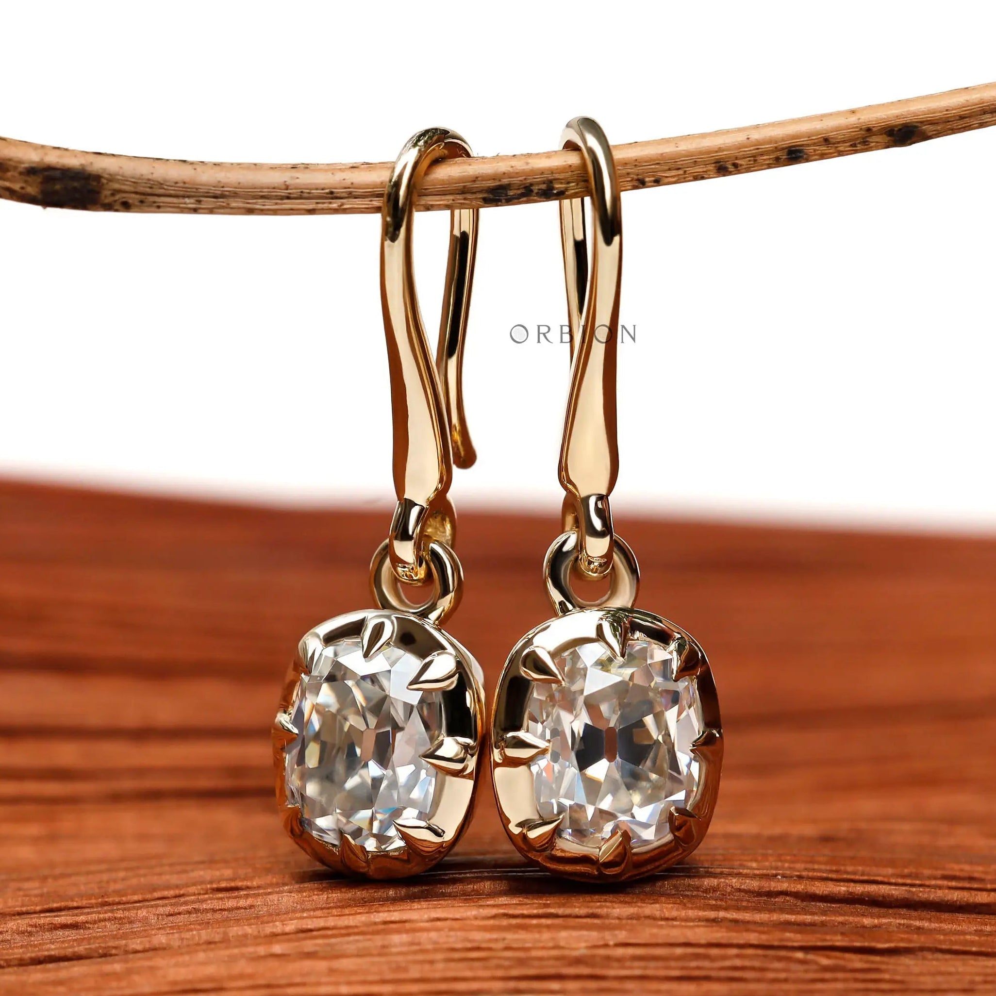 Old mine cut elongated cushion lab diamond dangle earrings in 10k yellow gold