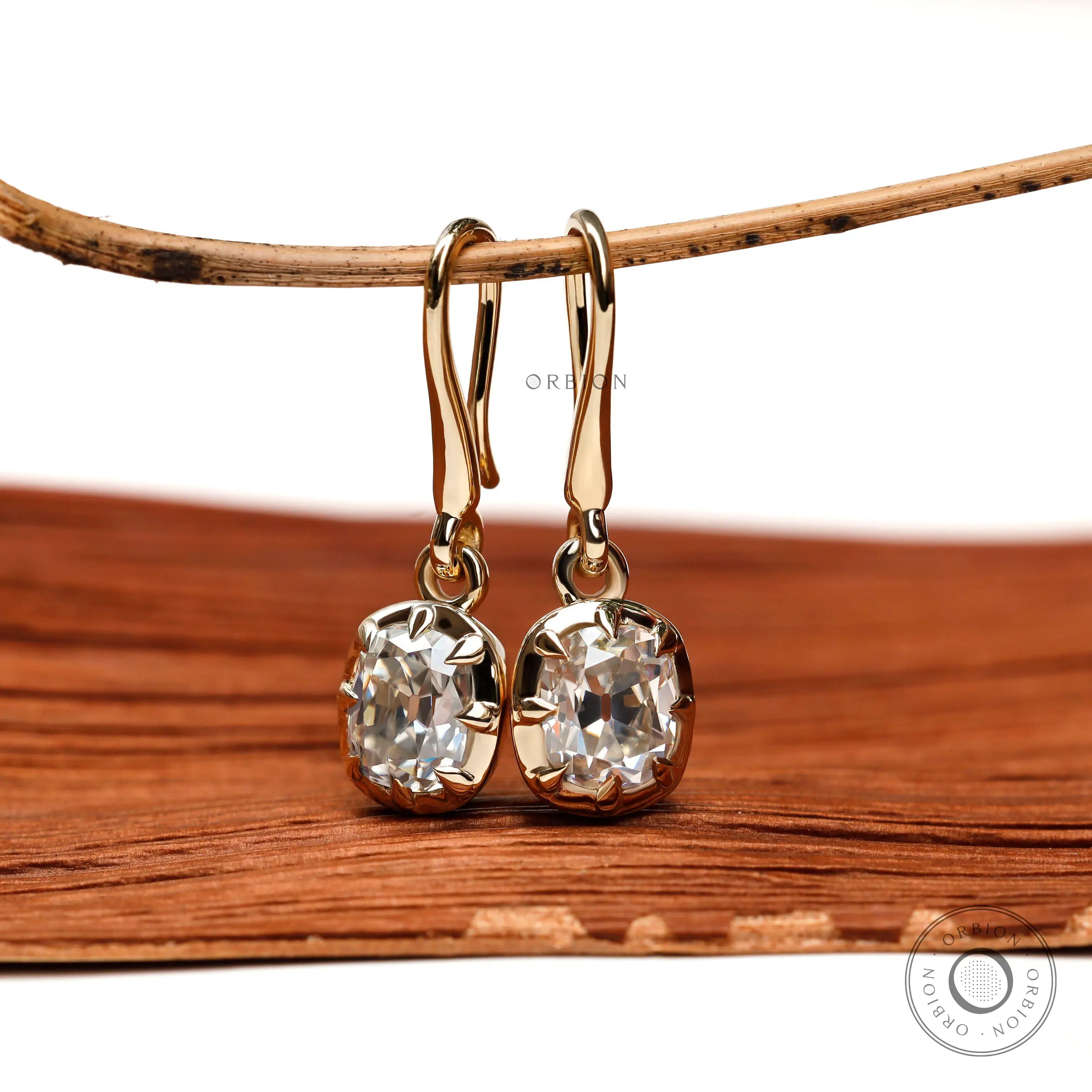 Old mine cut elongated cushion lab diamond dangle earrings in 10k yellow gold