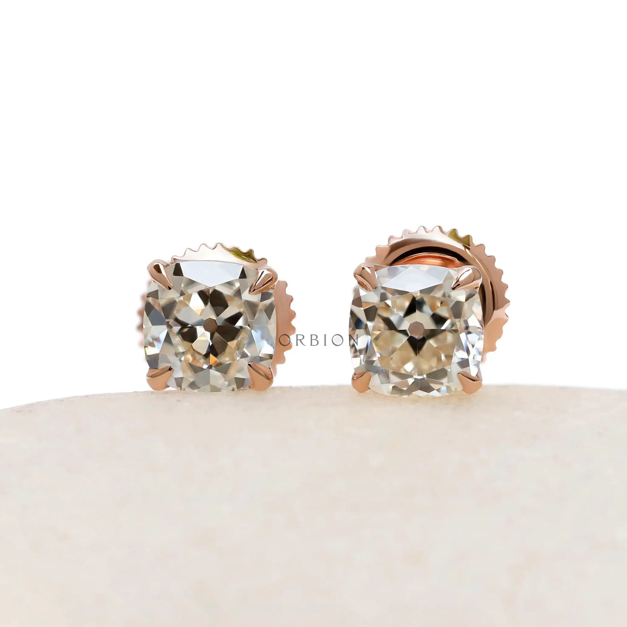 Vintage style old mine cut cushion lab diamond stud earrings in 14k rose gold