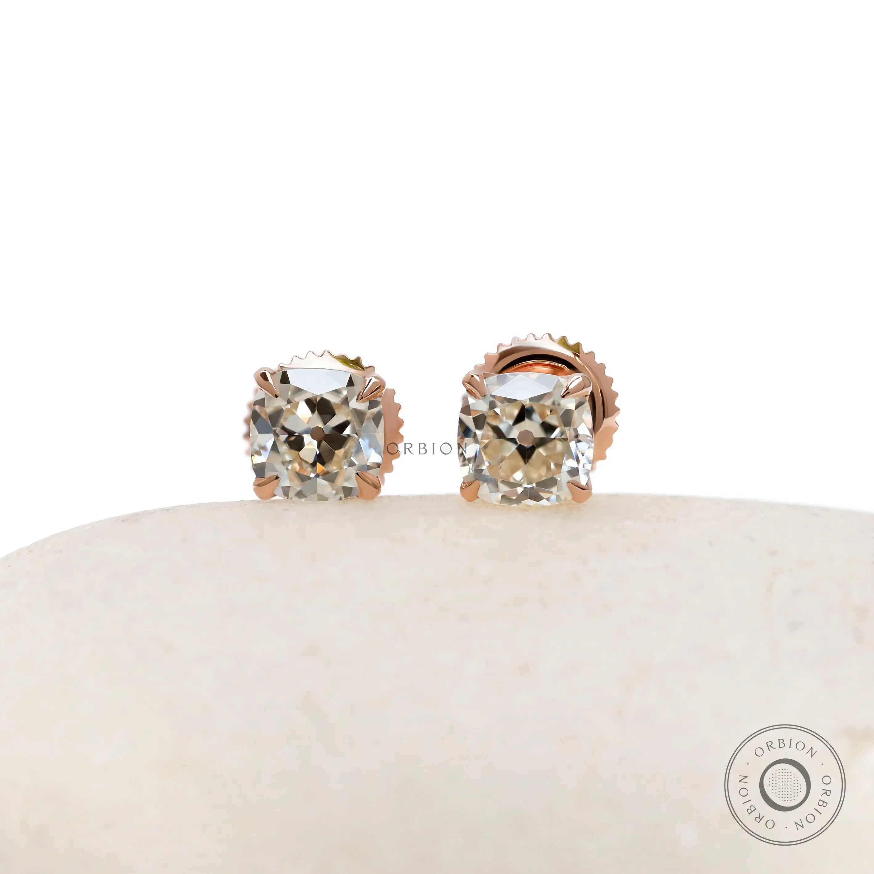 Vintage style old mine cut cushion lab diamond stud earrings in 14k rose gold