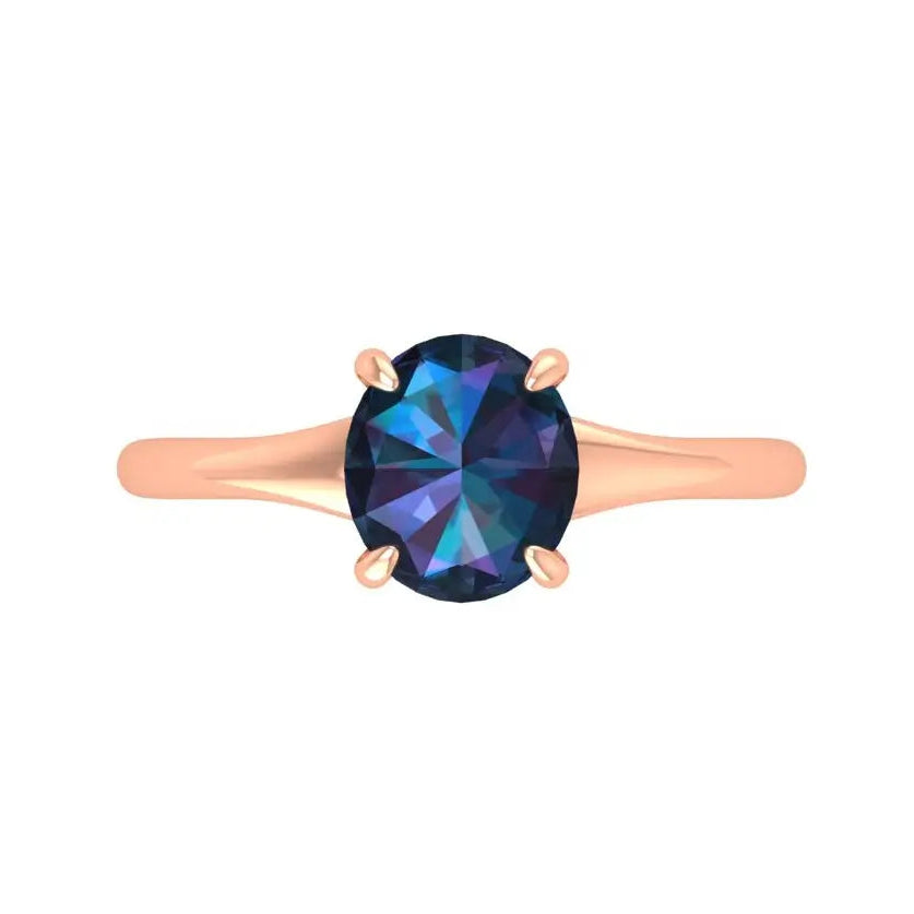 Rose cut oval deep blue moissanite engagement ring in 10K rose gold