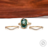 Front view of elongated cushion green moissanite ring set with curved bands