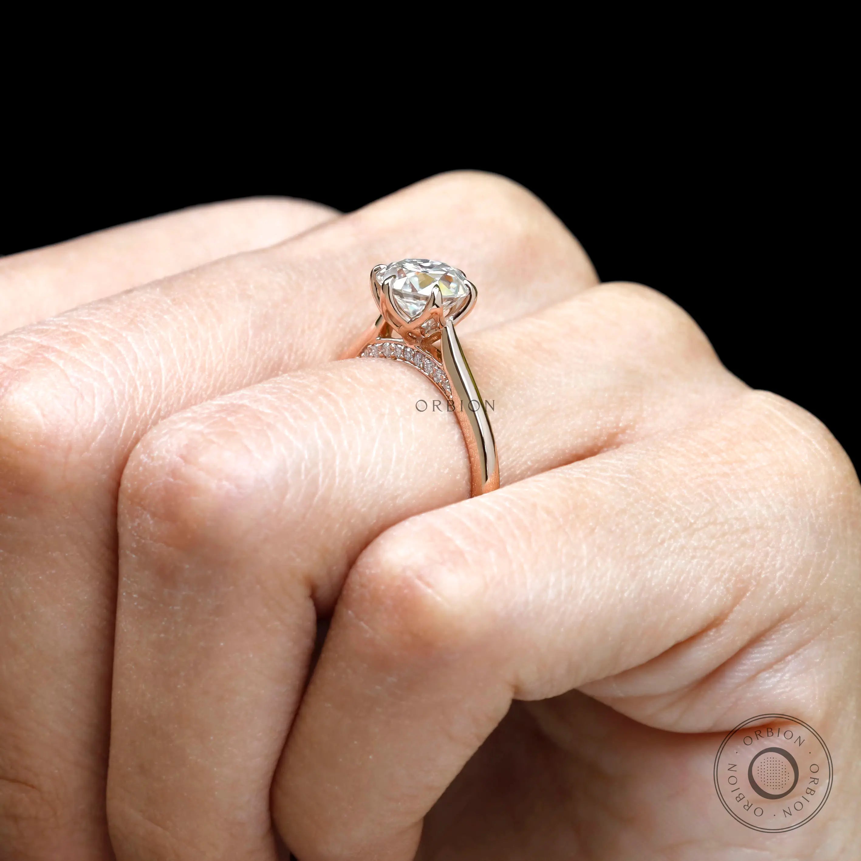 Accented bridge cathedral OEC moissanite engagement ring 