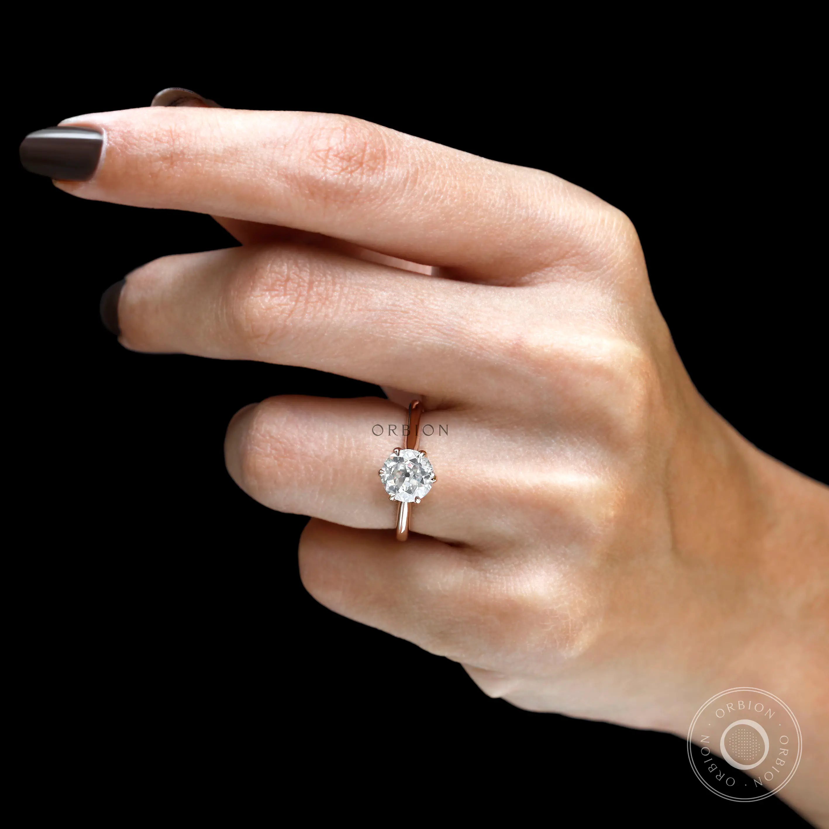 14K rose gold vintage inspired engagement ring finger shot