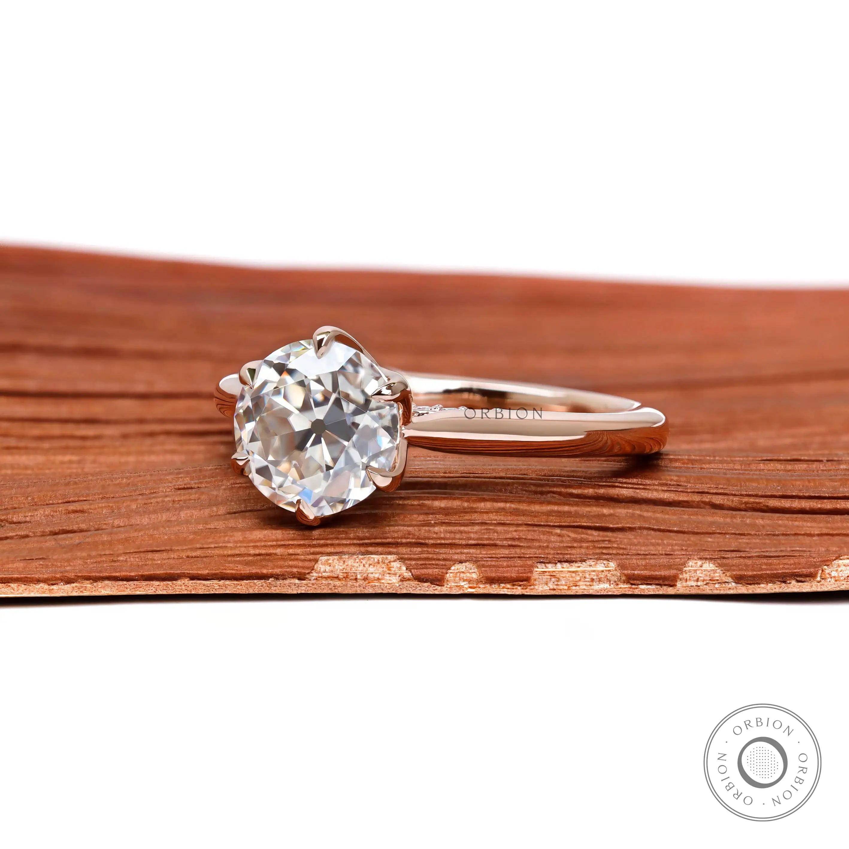 Vintage style moissanite round ring 14K rose gold glossy finish