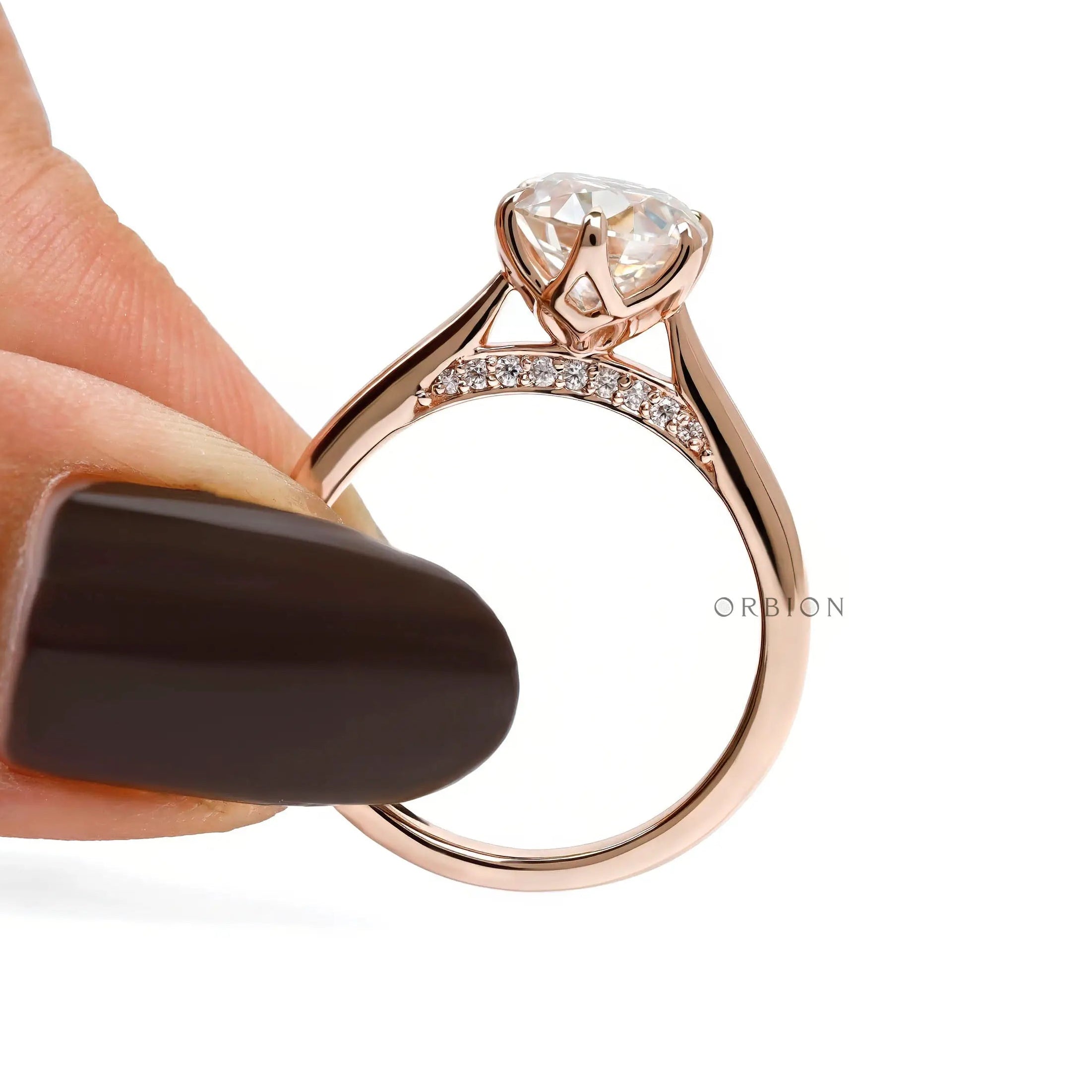 Vintage OEC round moissanite tulip setting engagement ring in 14K rose gold