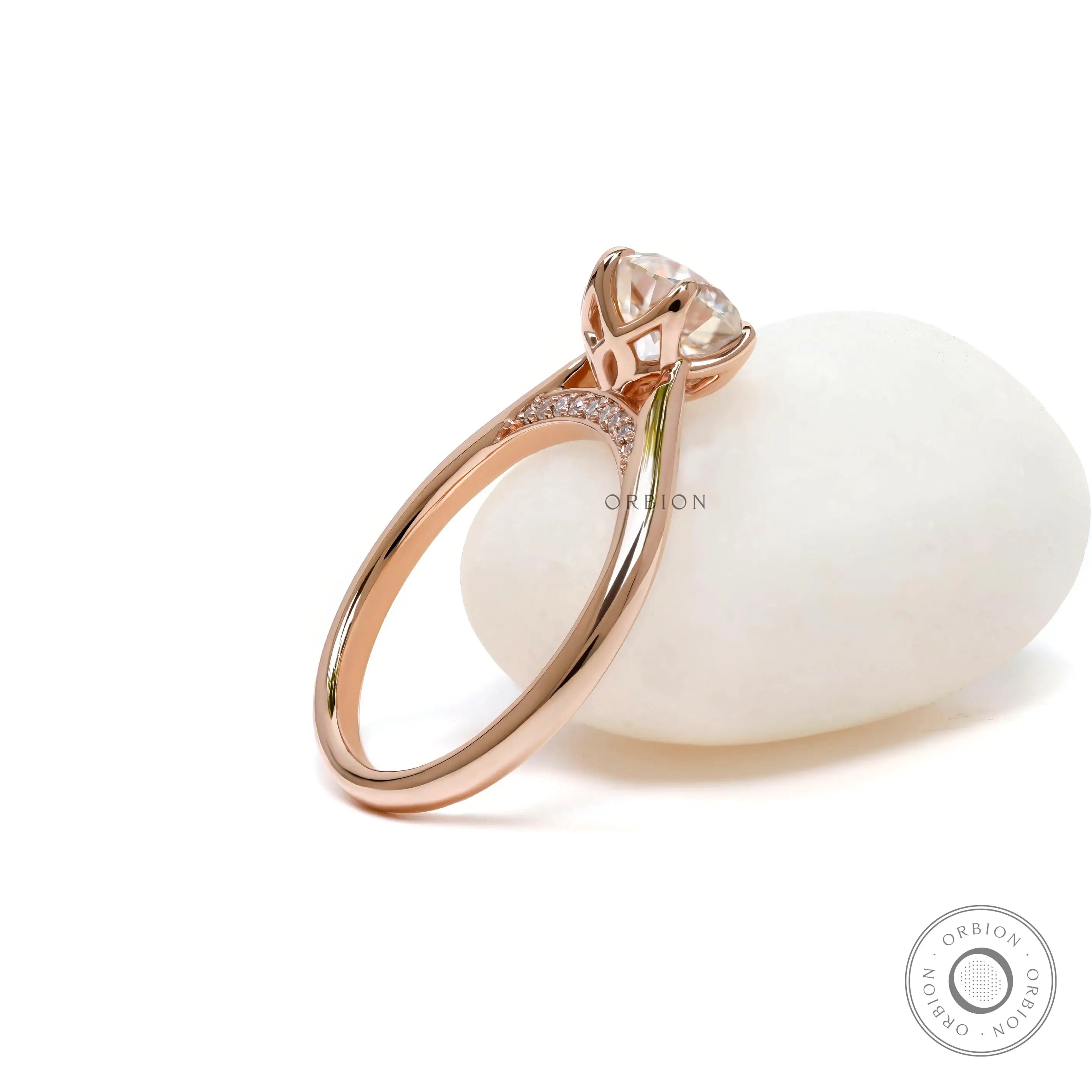 Cathedral engagement ring with hidden bridge detail side profile