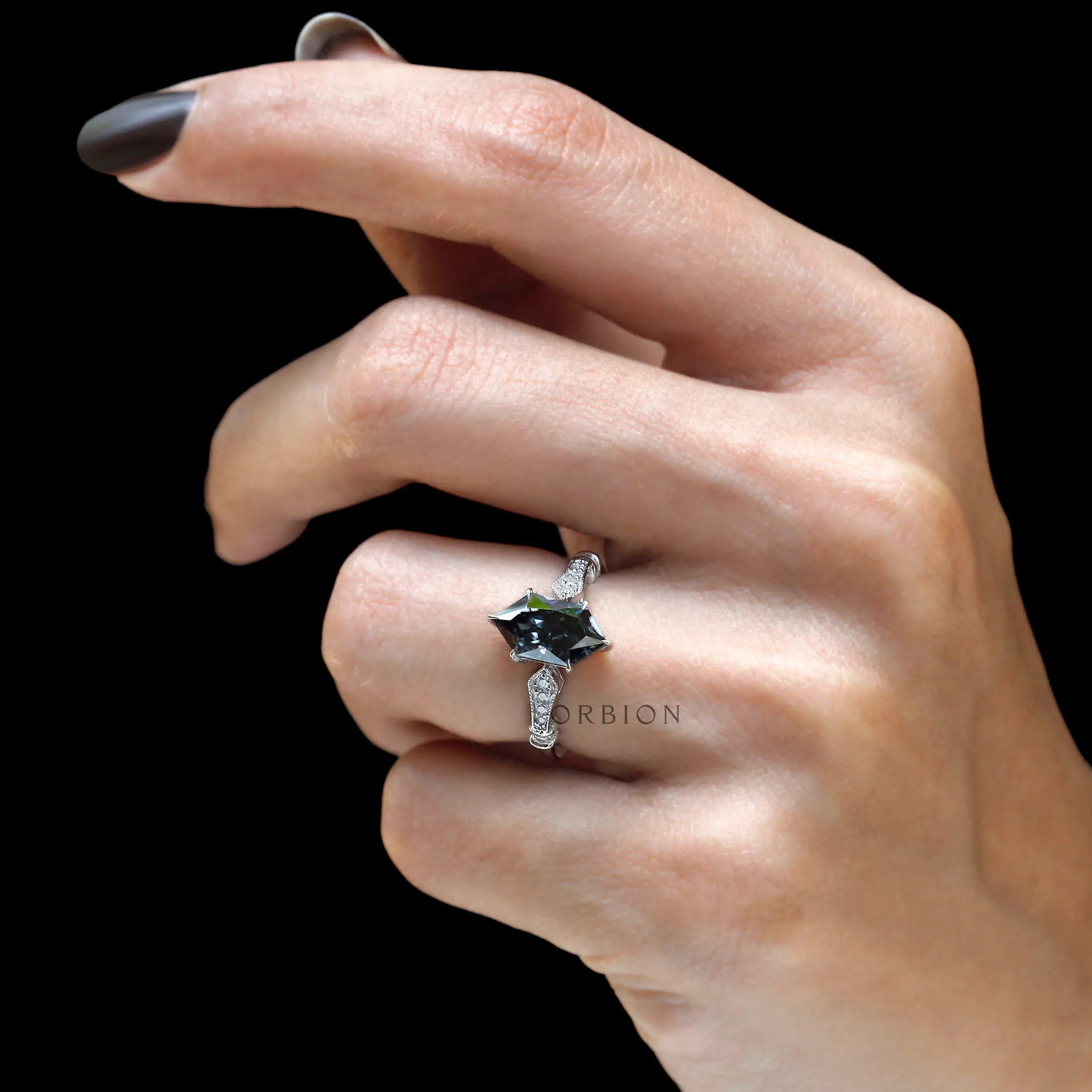 Elegant white gold vintage style moissanite ring