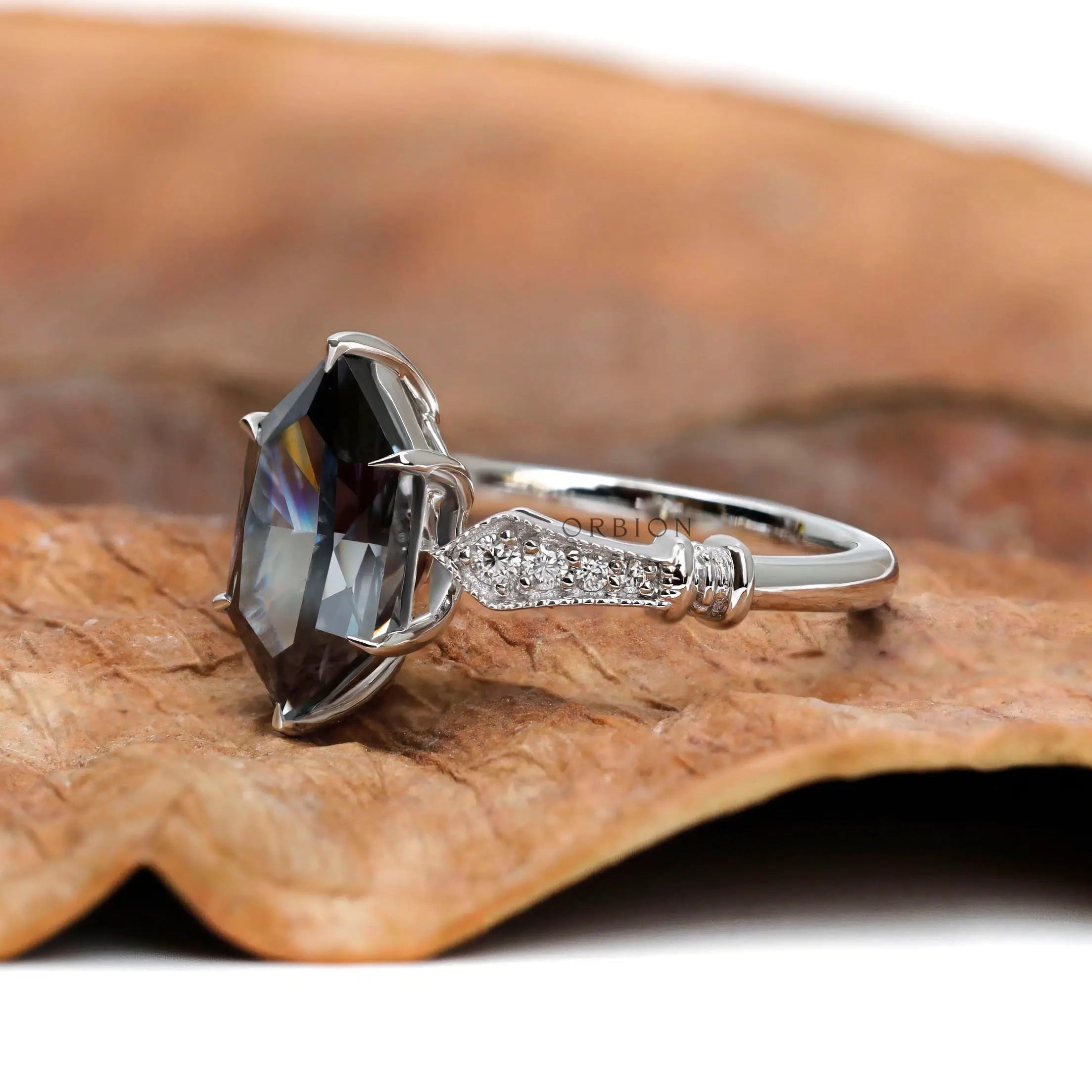 Art Deco milgrain moissanite ring with lab diamond accents