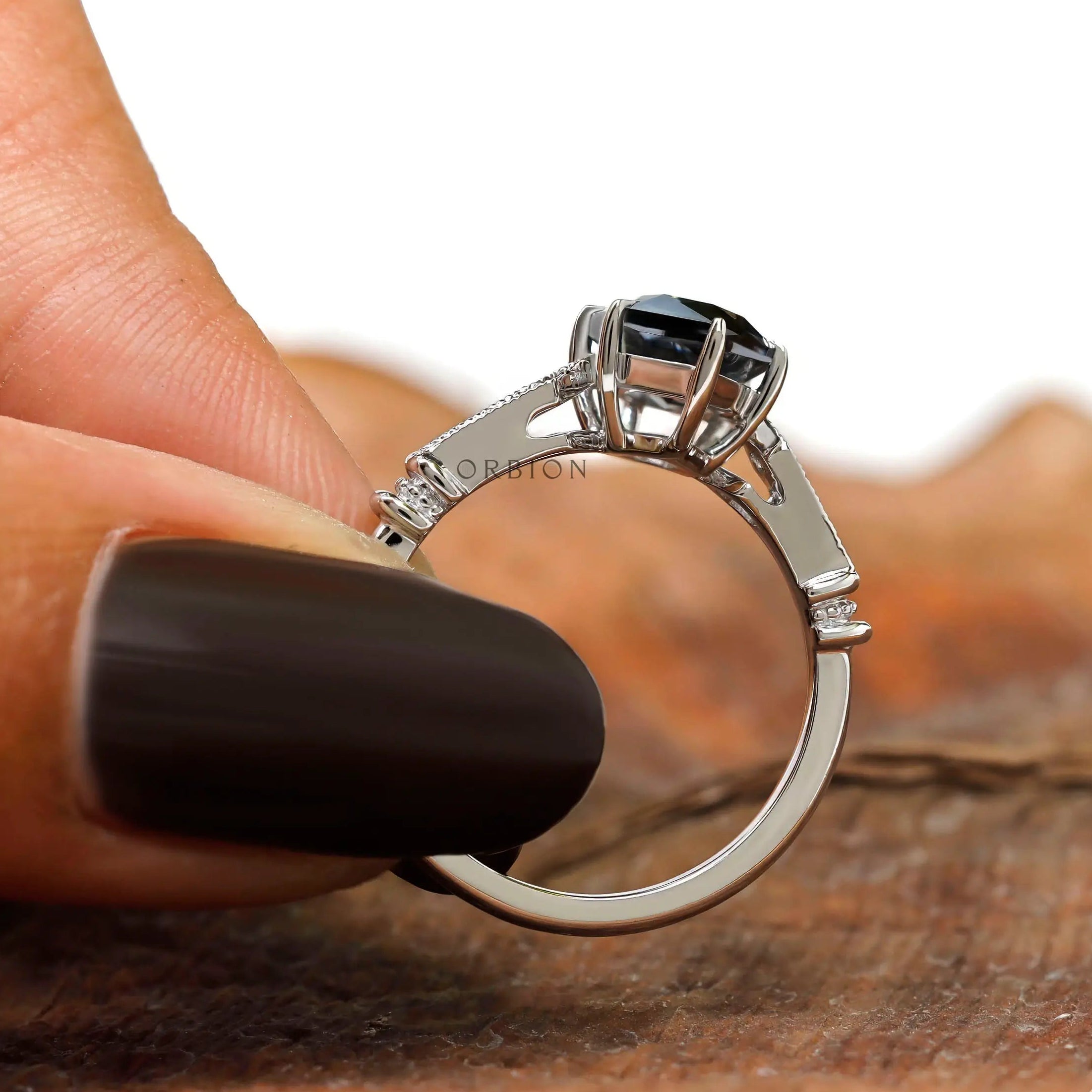 Unique Art Deco bridal ring with milgrain detail