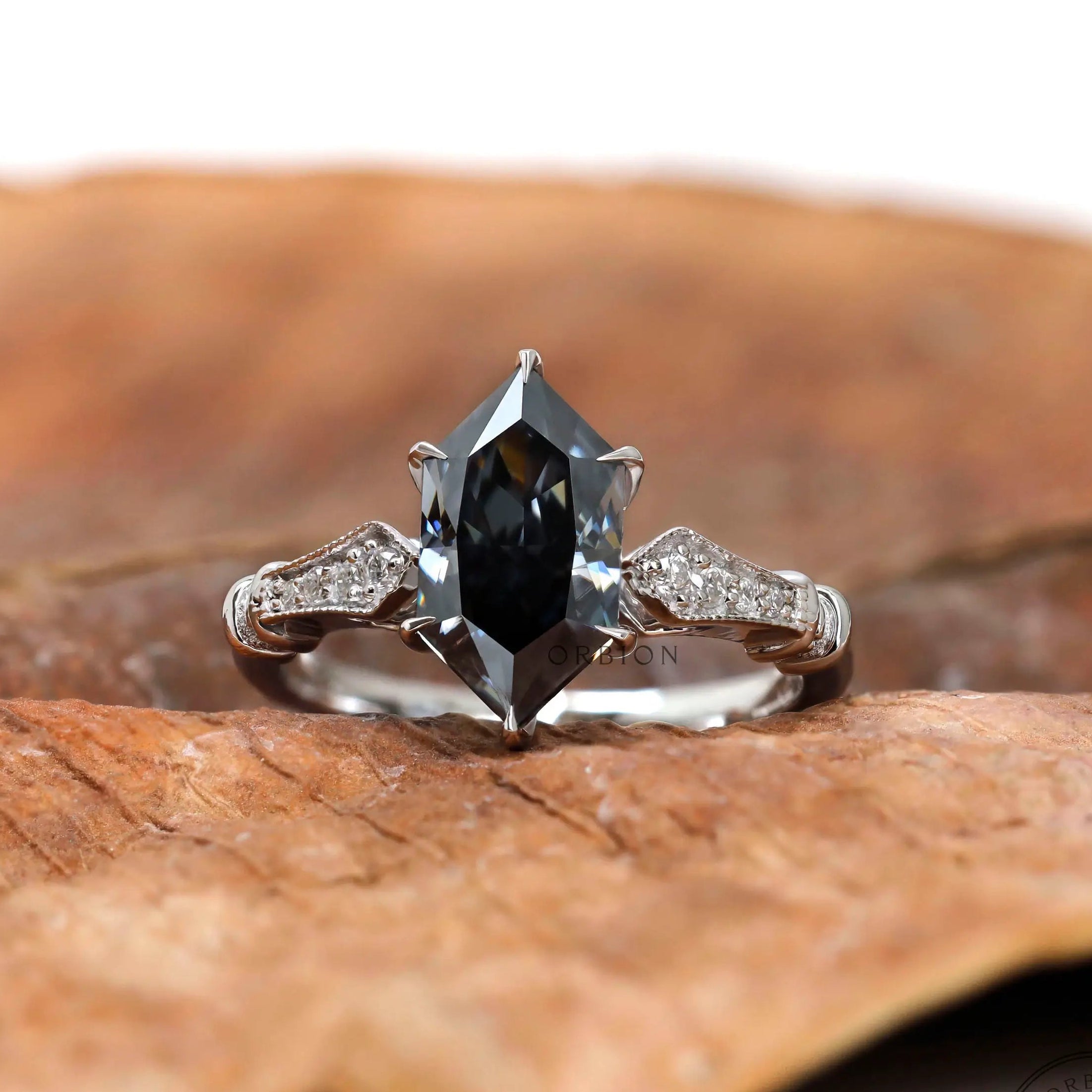 Hexagon dark grey moissanite engagement ring in 14k white gold
