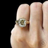 Color moissanite thick band engagement ring close up
