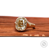 Side profile of bezel set champagne moissanite ring with euro shank