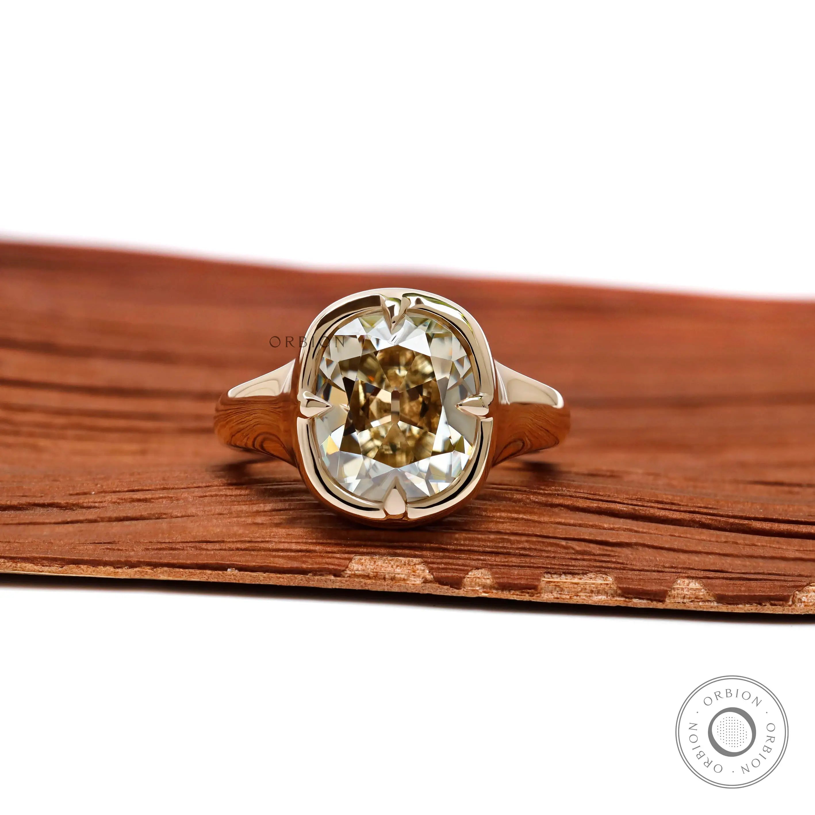 Elongated cushion champagne moissanite chunky engagement ring in 14k yellow gold