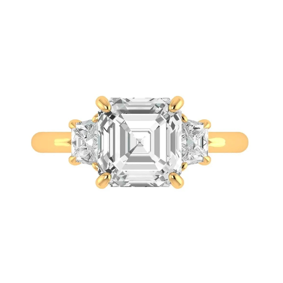 Three stone Asscher engagement ring in 14K yellow gold front view