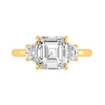 Three stone Asscher engagement ring in 14K yellow gold front view