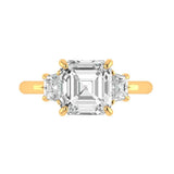 Three stone Asscher engagement ring in 14K yellow gold front view