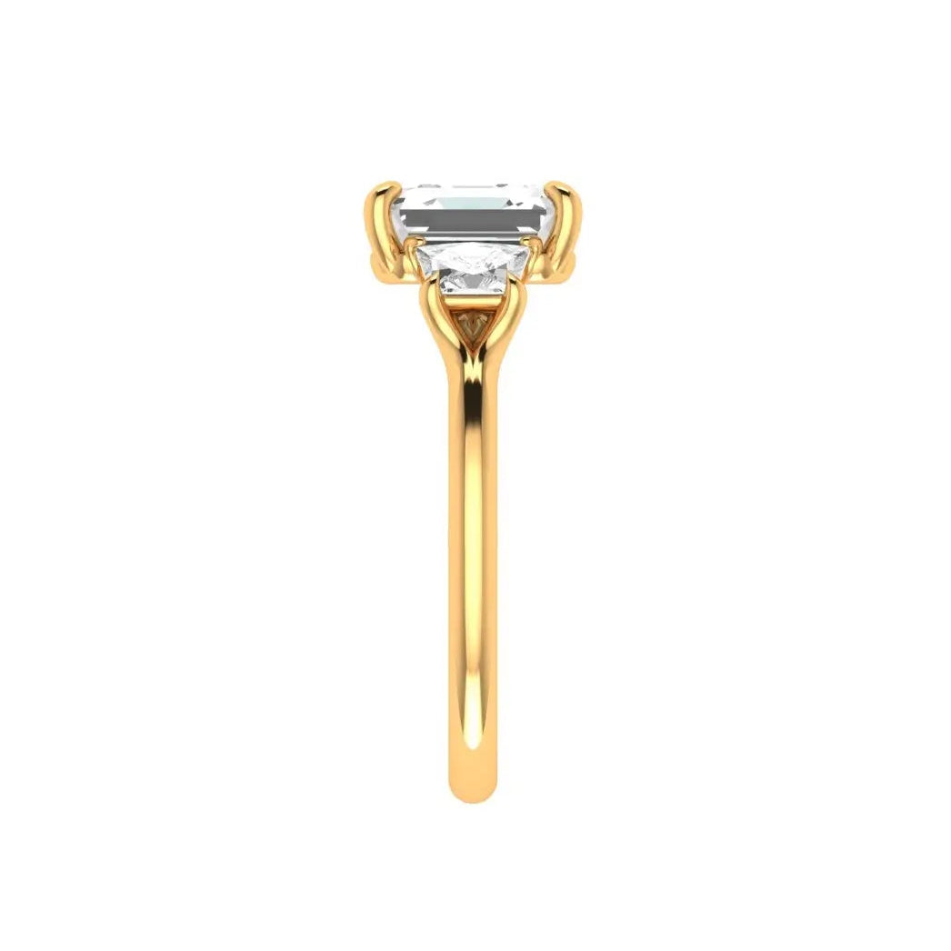 Three stone lab diamond asscher engagement ring angled view