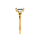 Three stone lab diamond asscher engagement ring angled view