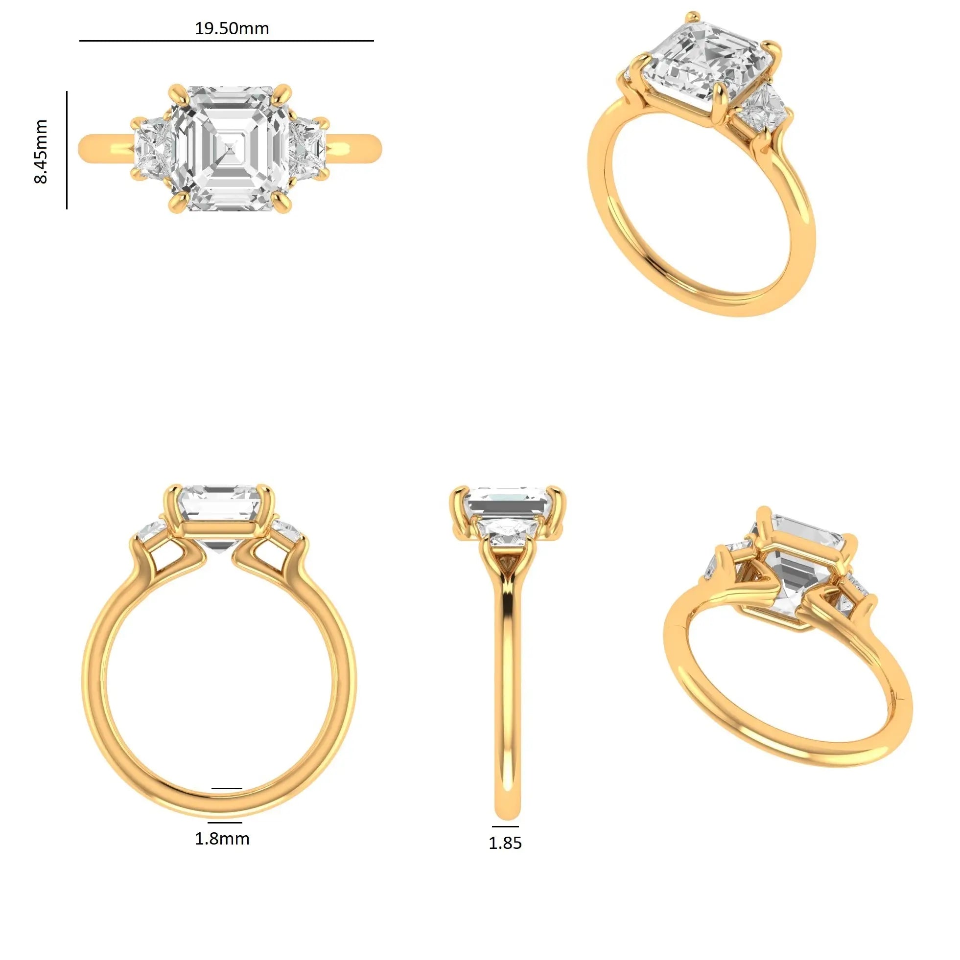Asscher moissanite ring with trapezoid accents