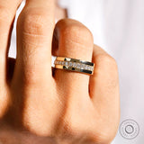 Mens yellow gold lab diamond full eternity wedding band on hand close up