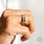 Mens yellow gold lab diamond band on finger close up