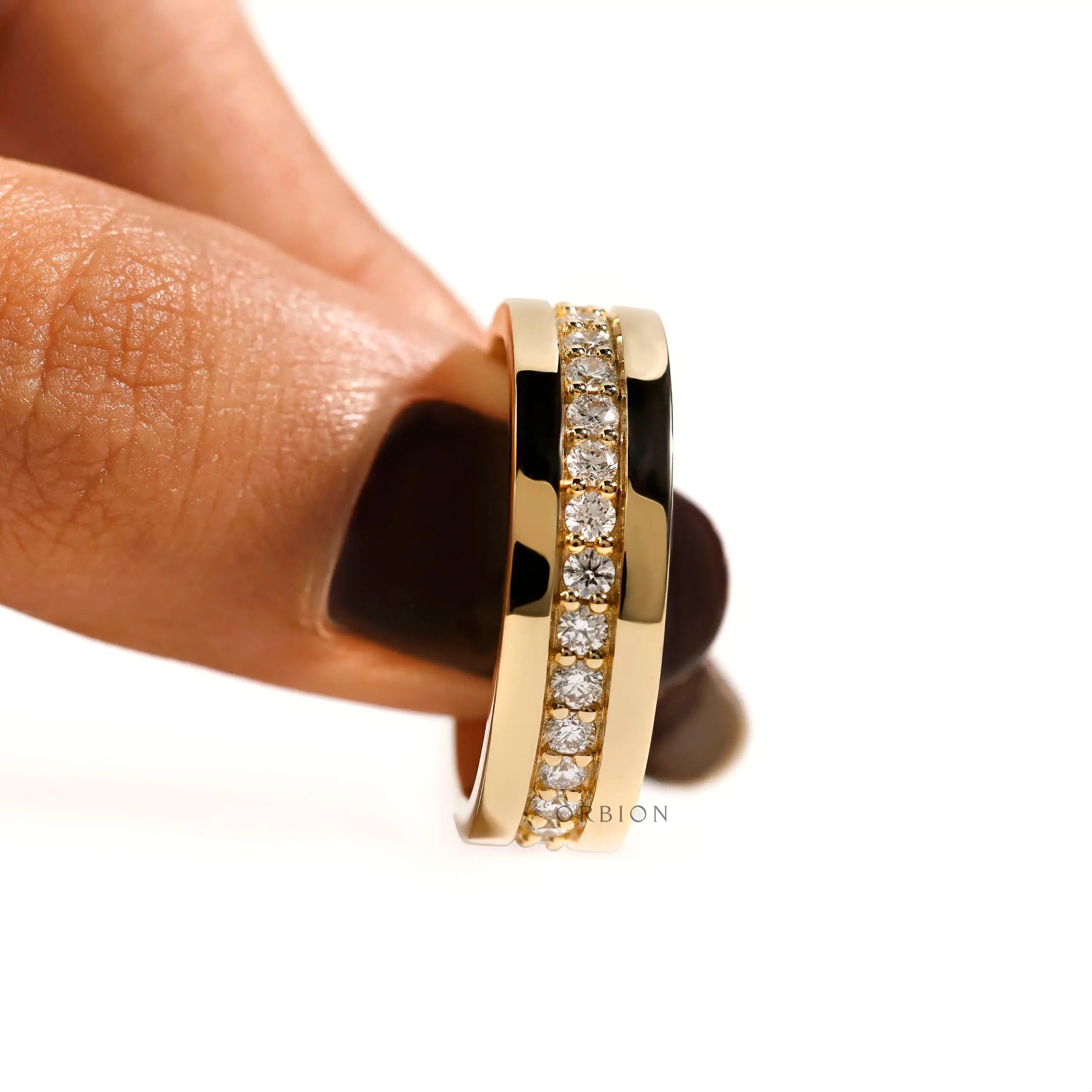 Mens 7 mm wide yellow gold diamond eternity wedding band 