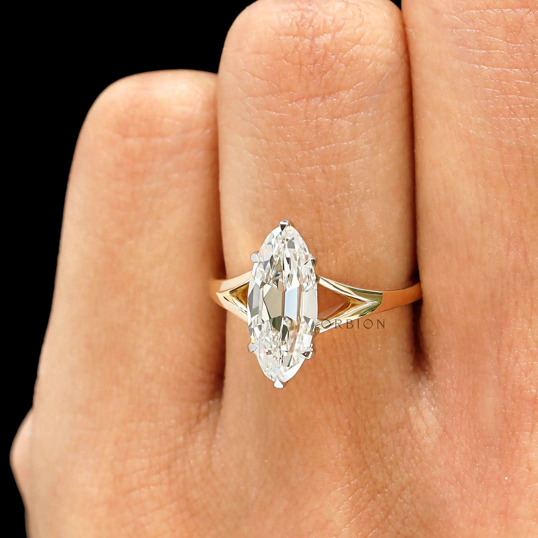 Vintage solitaire moval lab diamond ring yellow gold