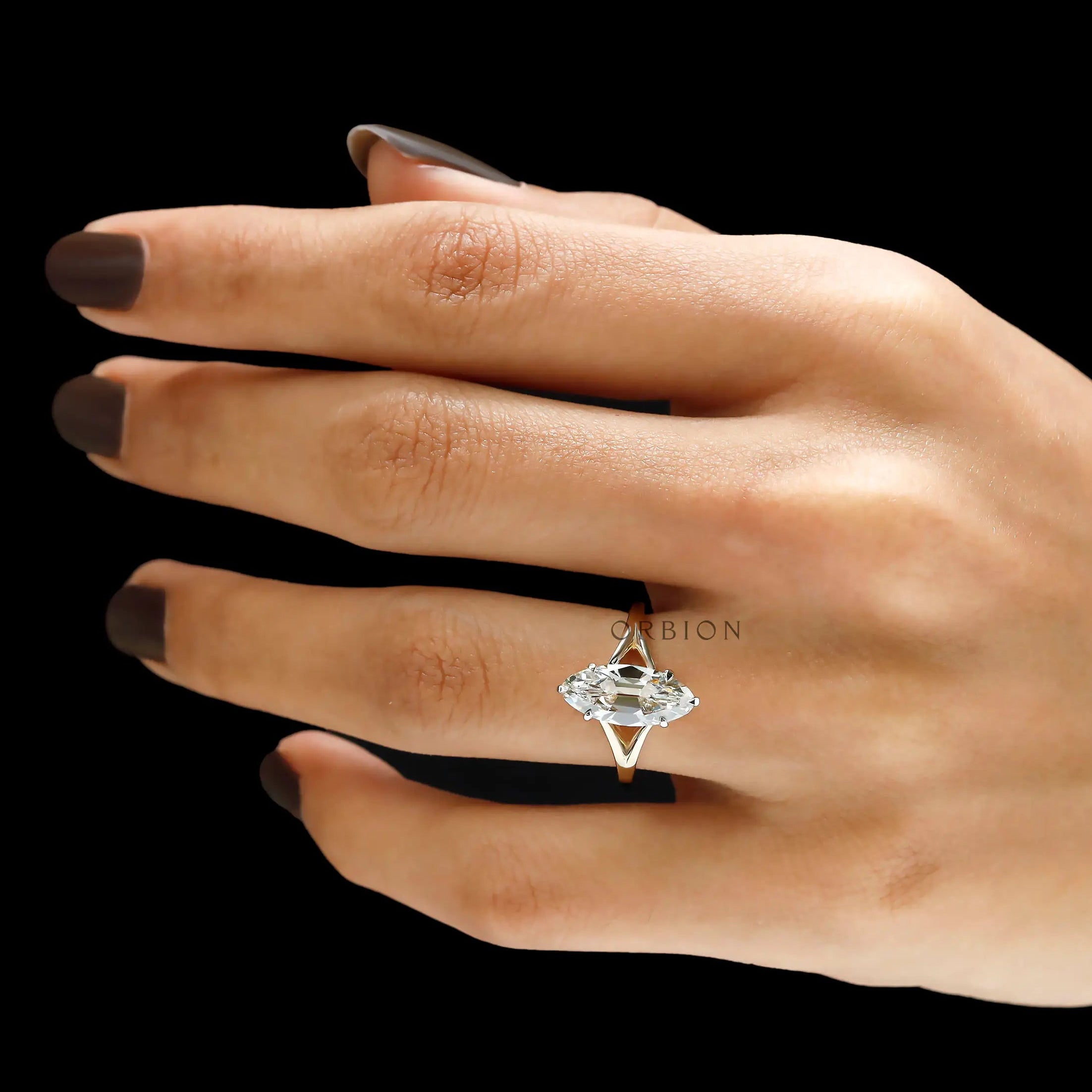 Unique moval moissanite engagement ring split shank design