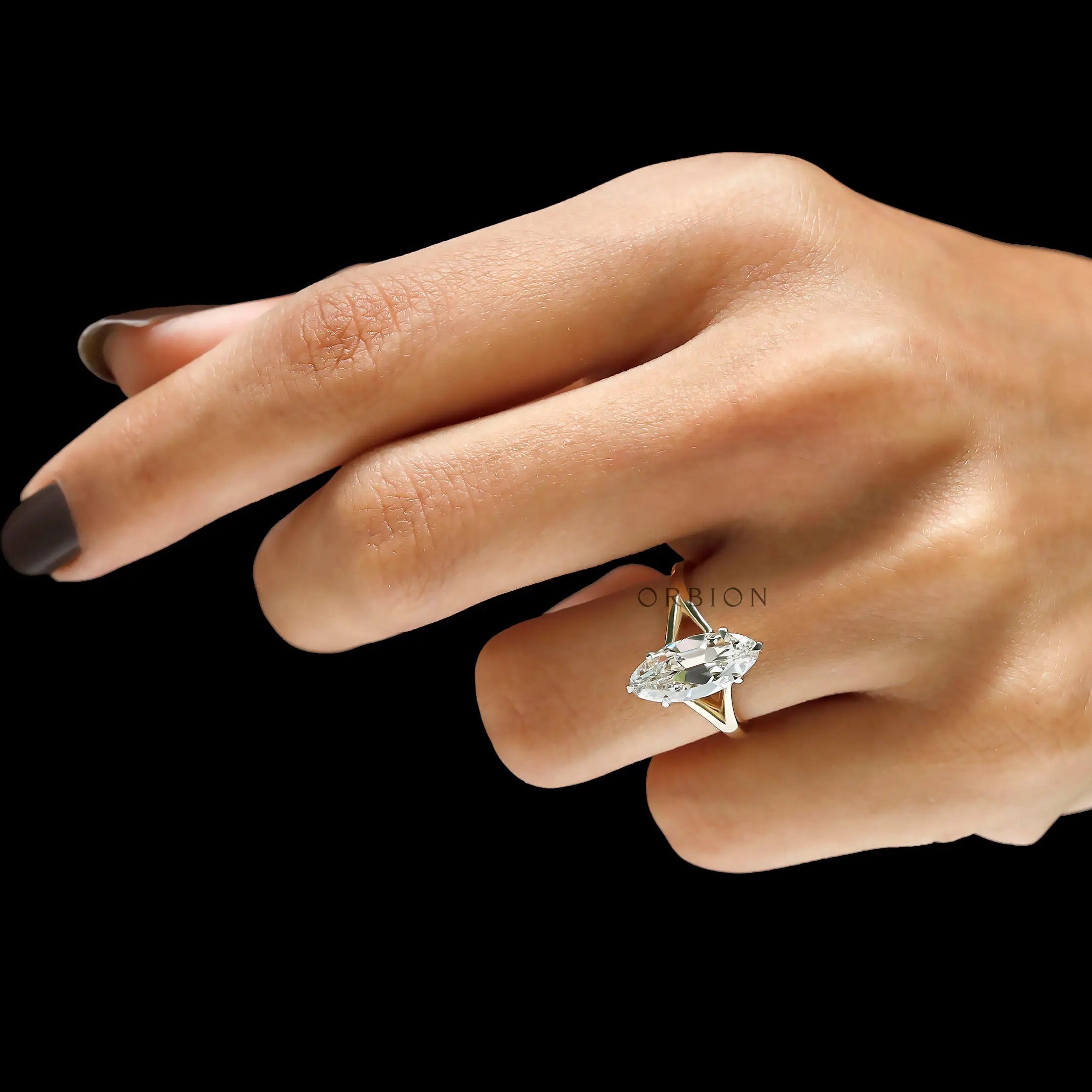 vintage style moval lab diamond engagement ring two tone gold