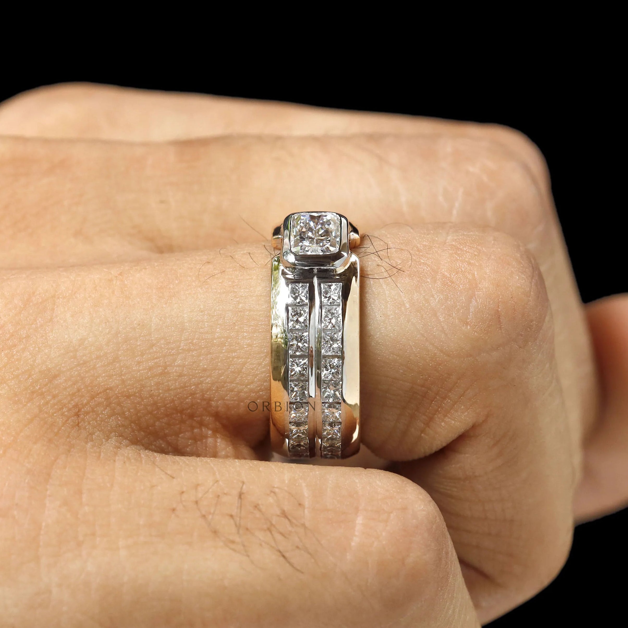 Modern mens wedding band with radiant and princess cut diamond design