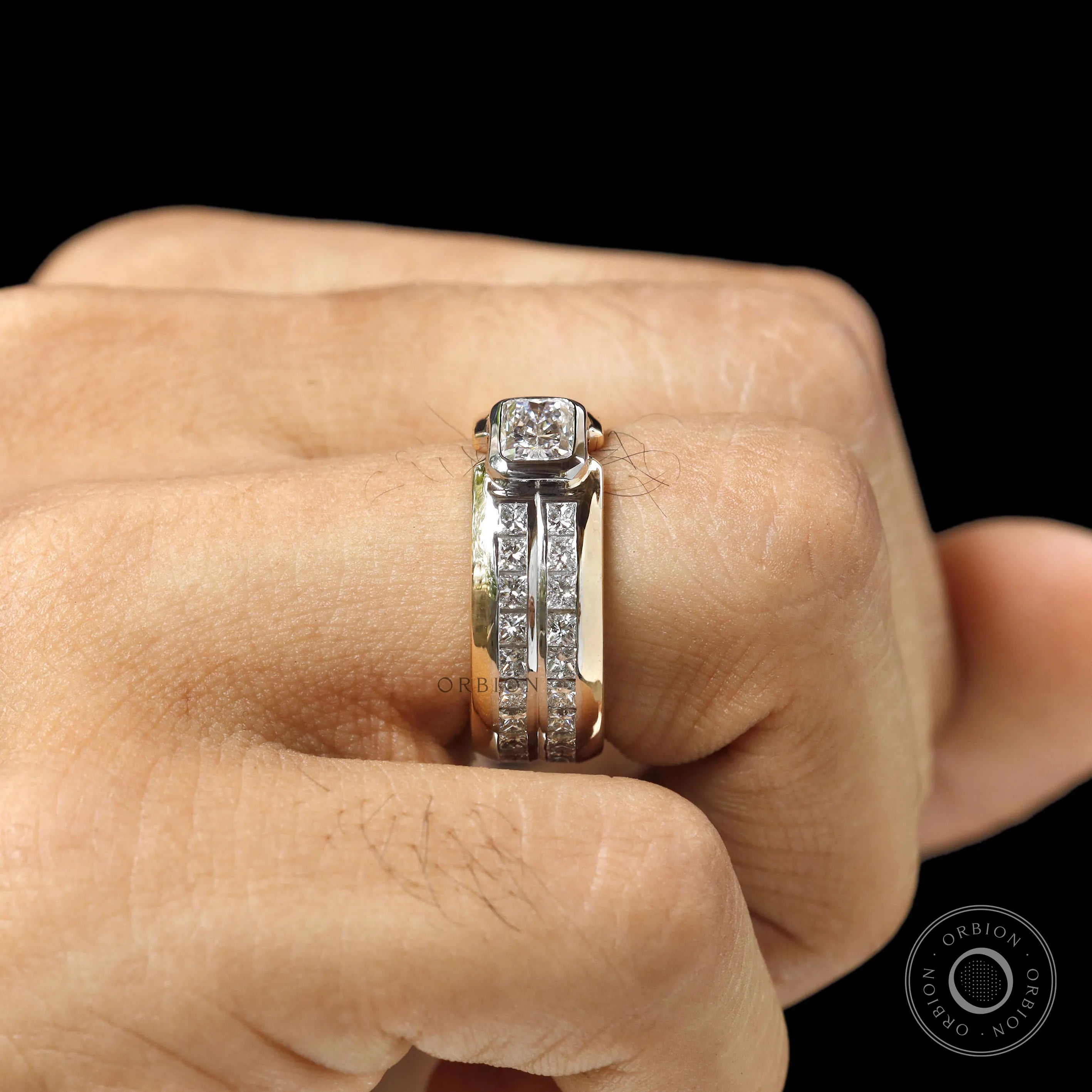 Modern mens wedding band with radiant and princess cut diamond design