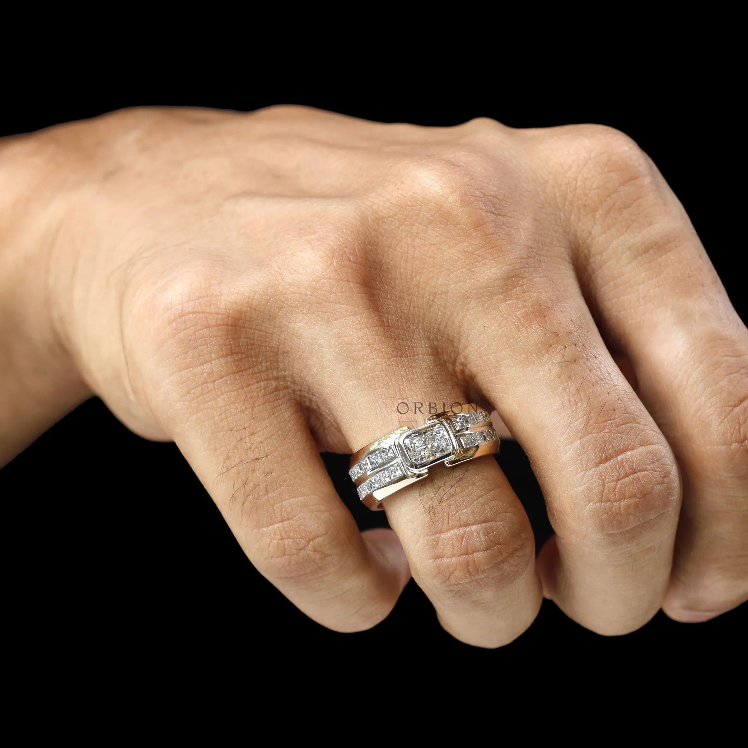 Wide lab diamond mens ring with geometric radiant and princess cuts