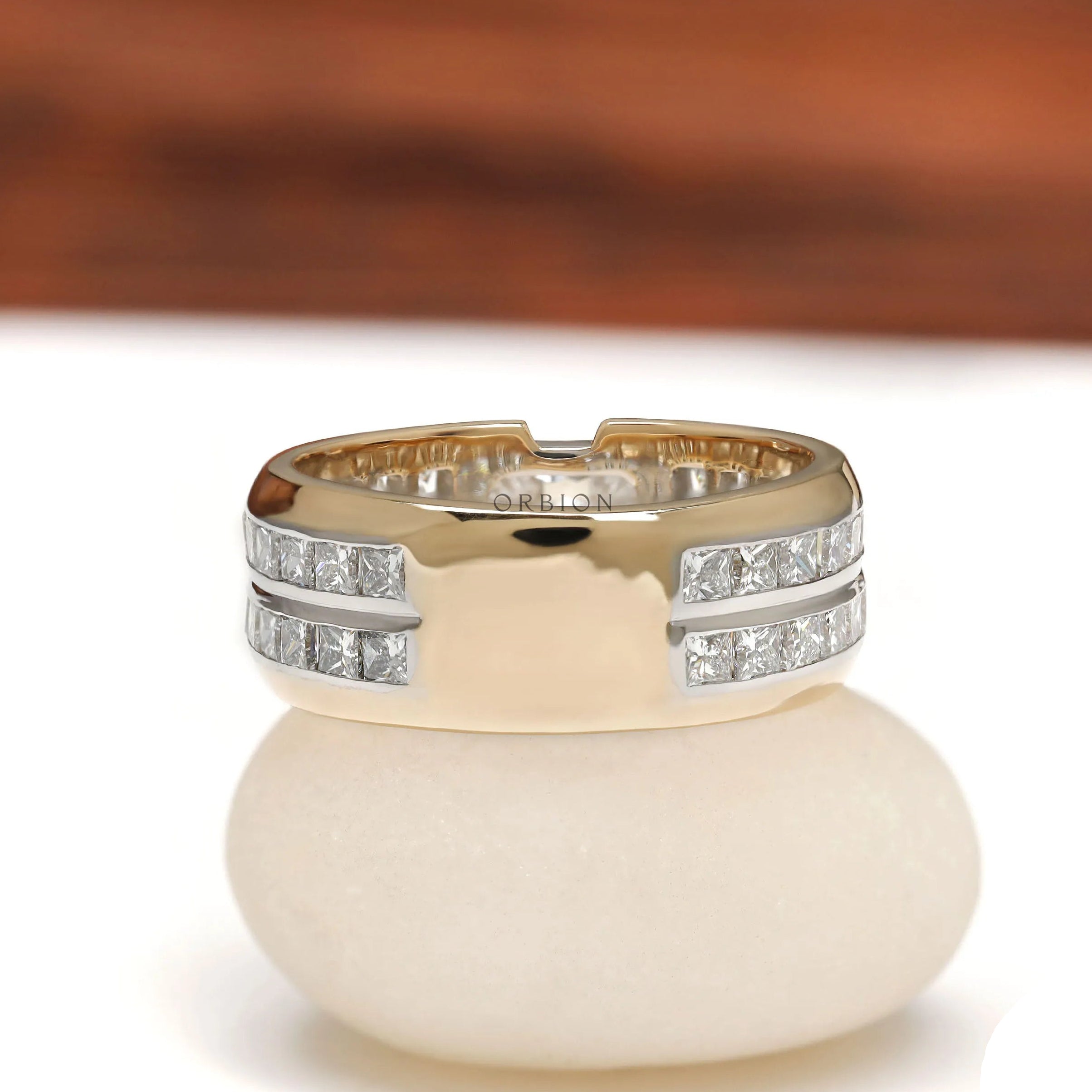 Bold mens wide band ring with lab diamond accents in two tone finish