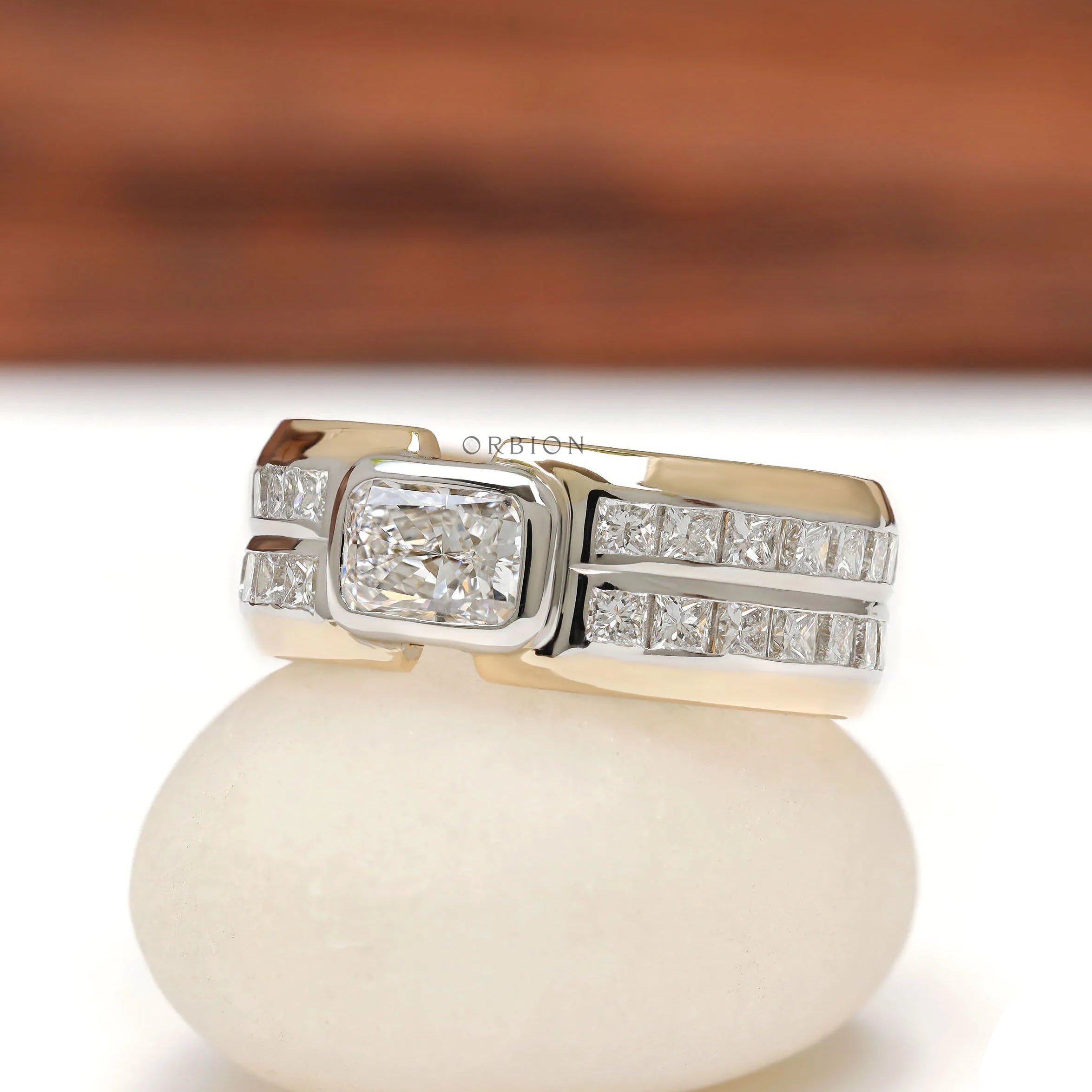 18k Two tone gold mens diamond ring with radiant and princess cut design