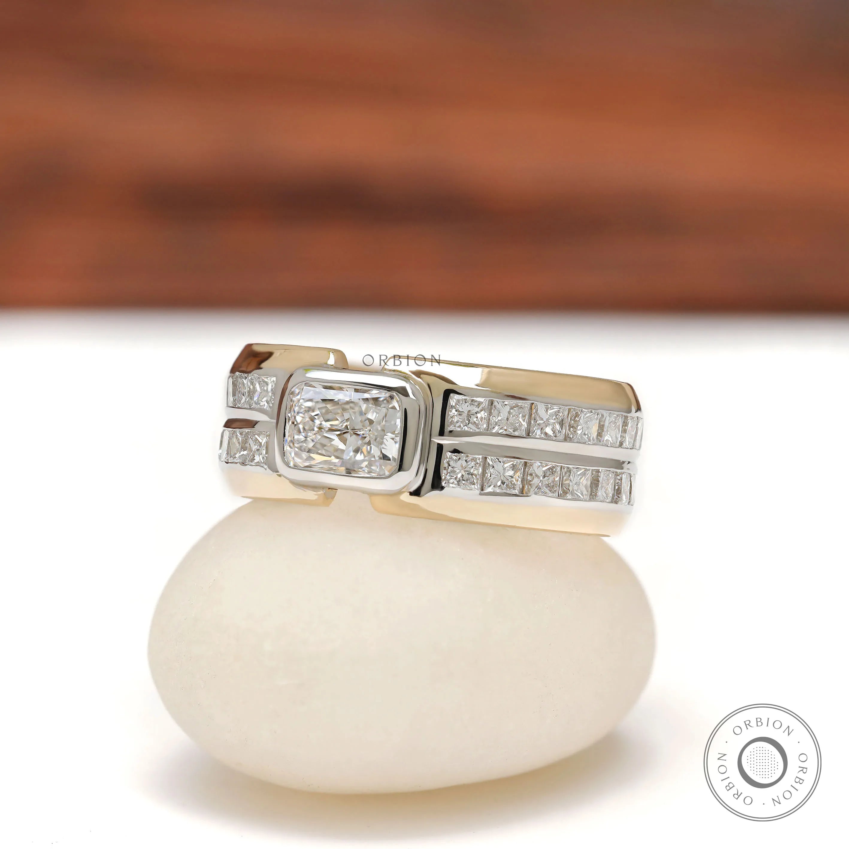 18k Two tone gold mens diamond ring with radiant and princess cut design