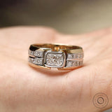Mens lab diamond wide wedding band with radiant and princess cut stones in two tone gold