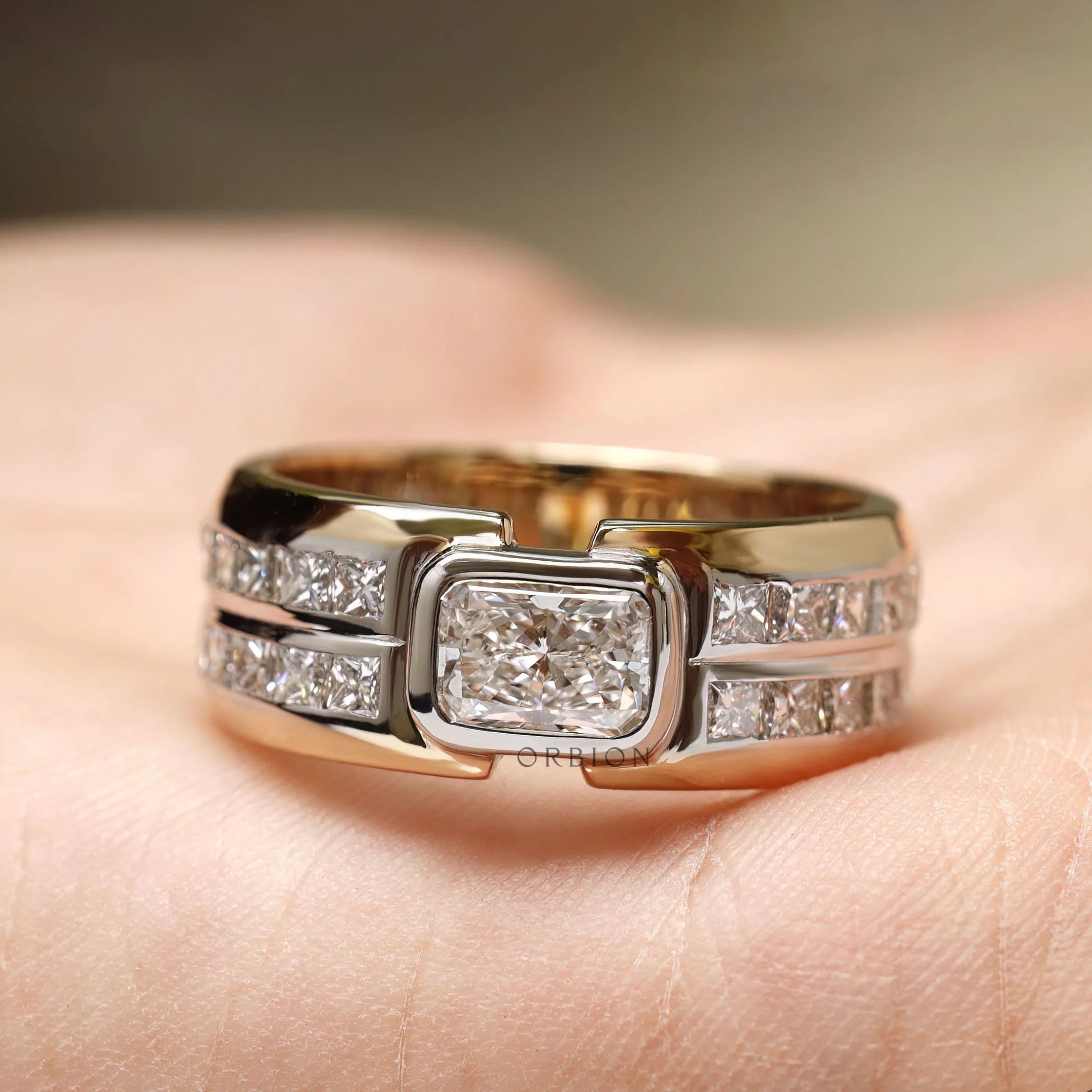 Mens lab diamond wide wedding band with radiant and princess cut stones in two tone gold