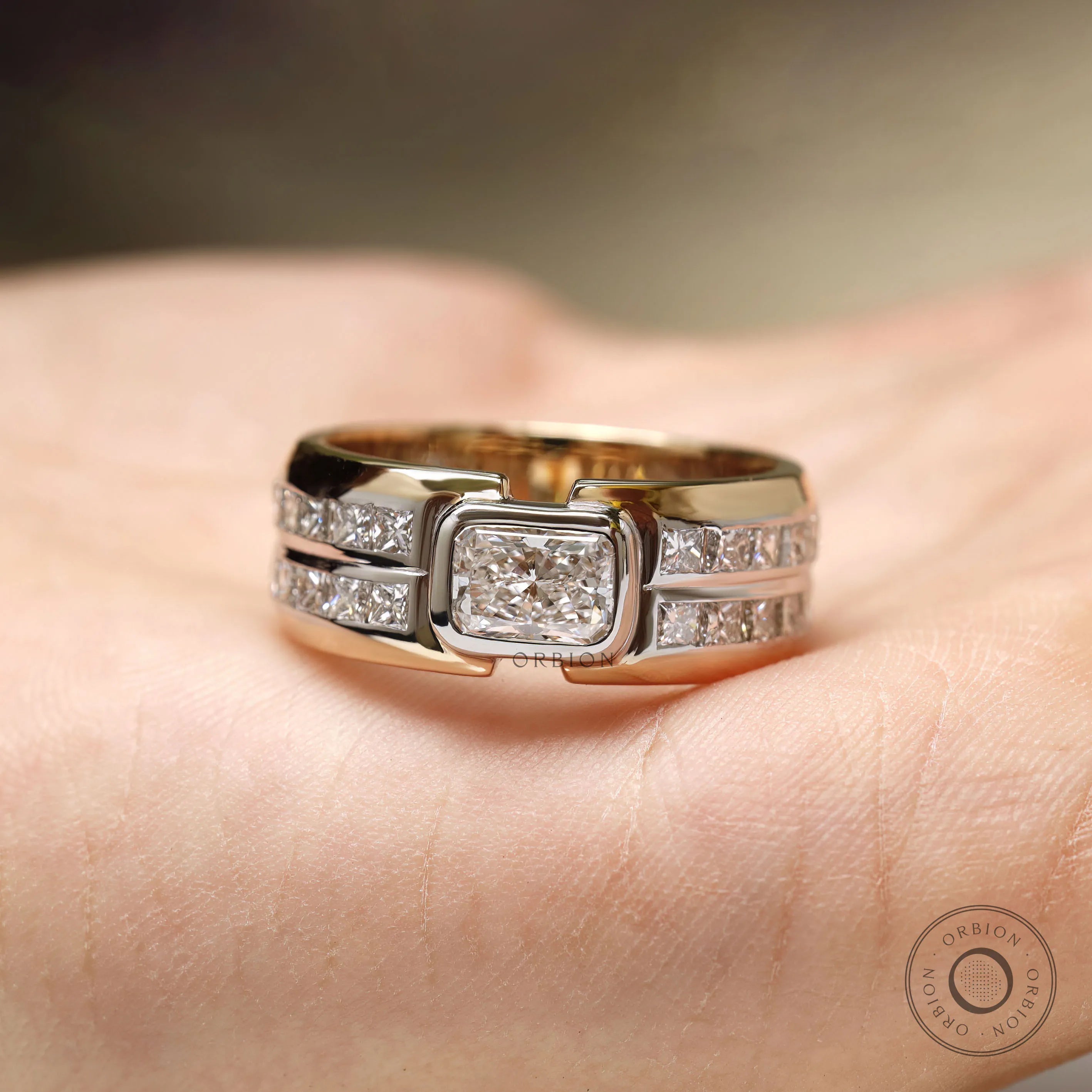 Mens lab diamond wide wedding band with radiant and princess cut stones in two tone gold