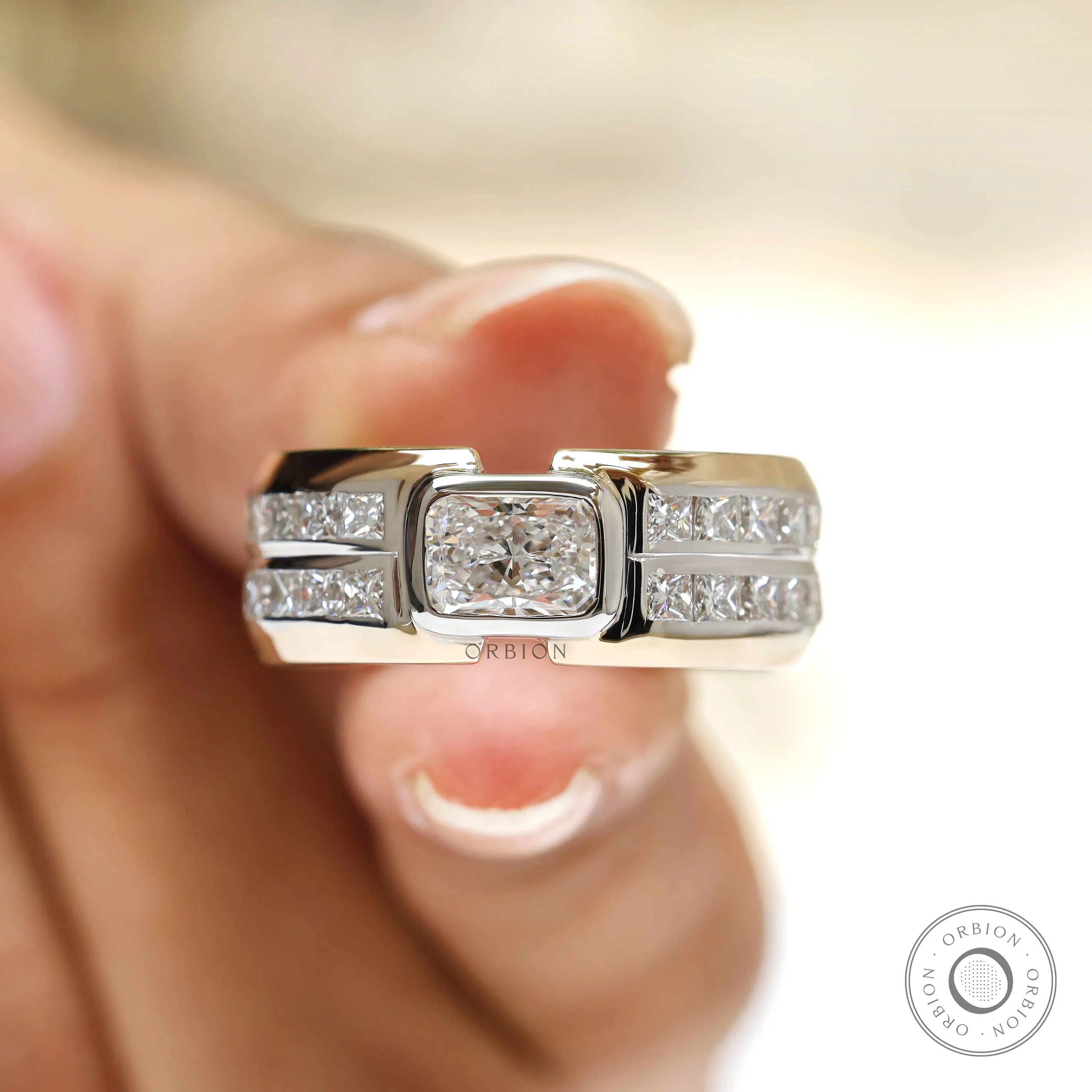 Stylish mens wide diamond ring with mixed shape lab diamonds