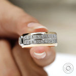18k Two tone mens diamond band featuring radiant and princess cut stones