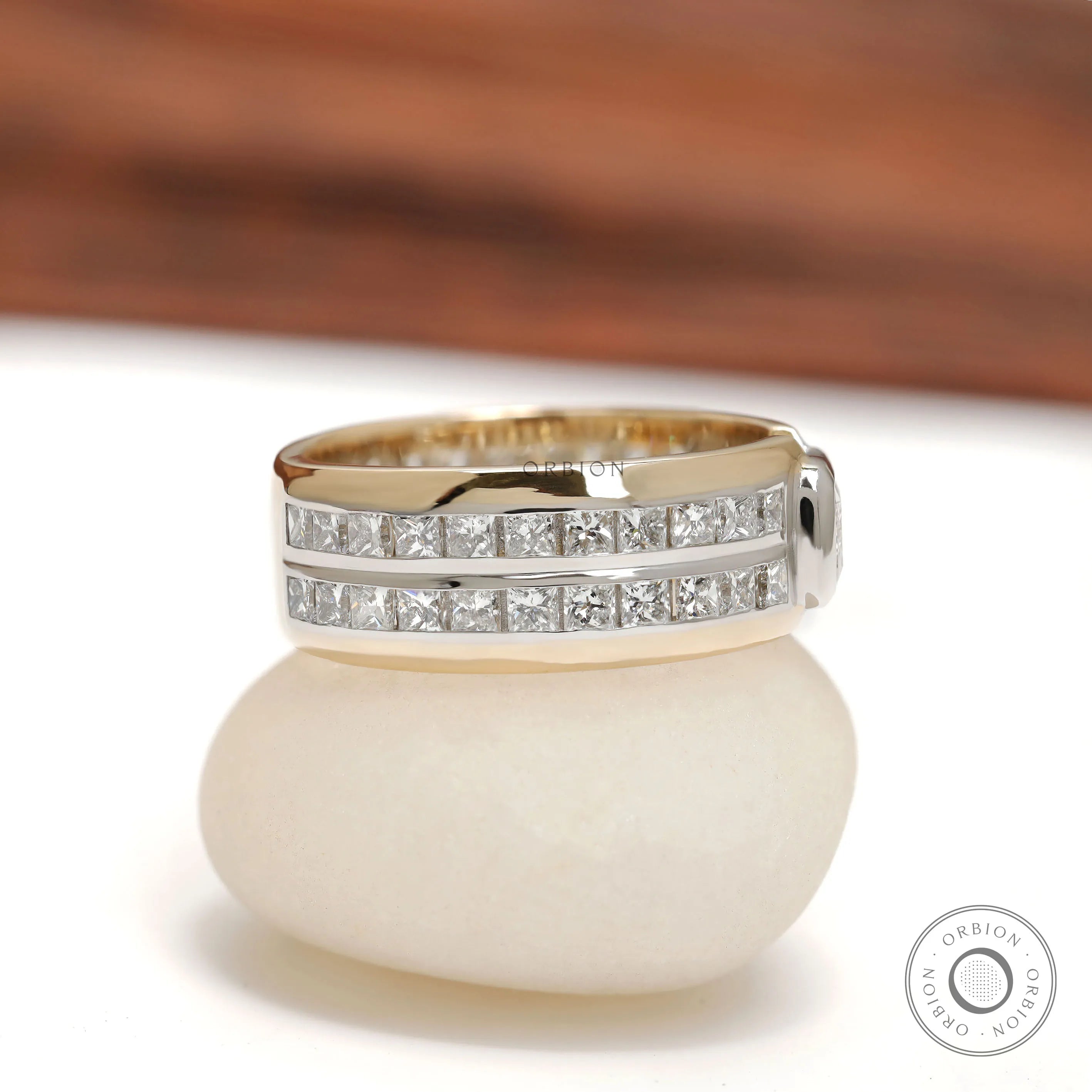 Wide mens wedding band with lab diamonds radiant and princess cuts