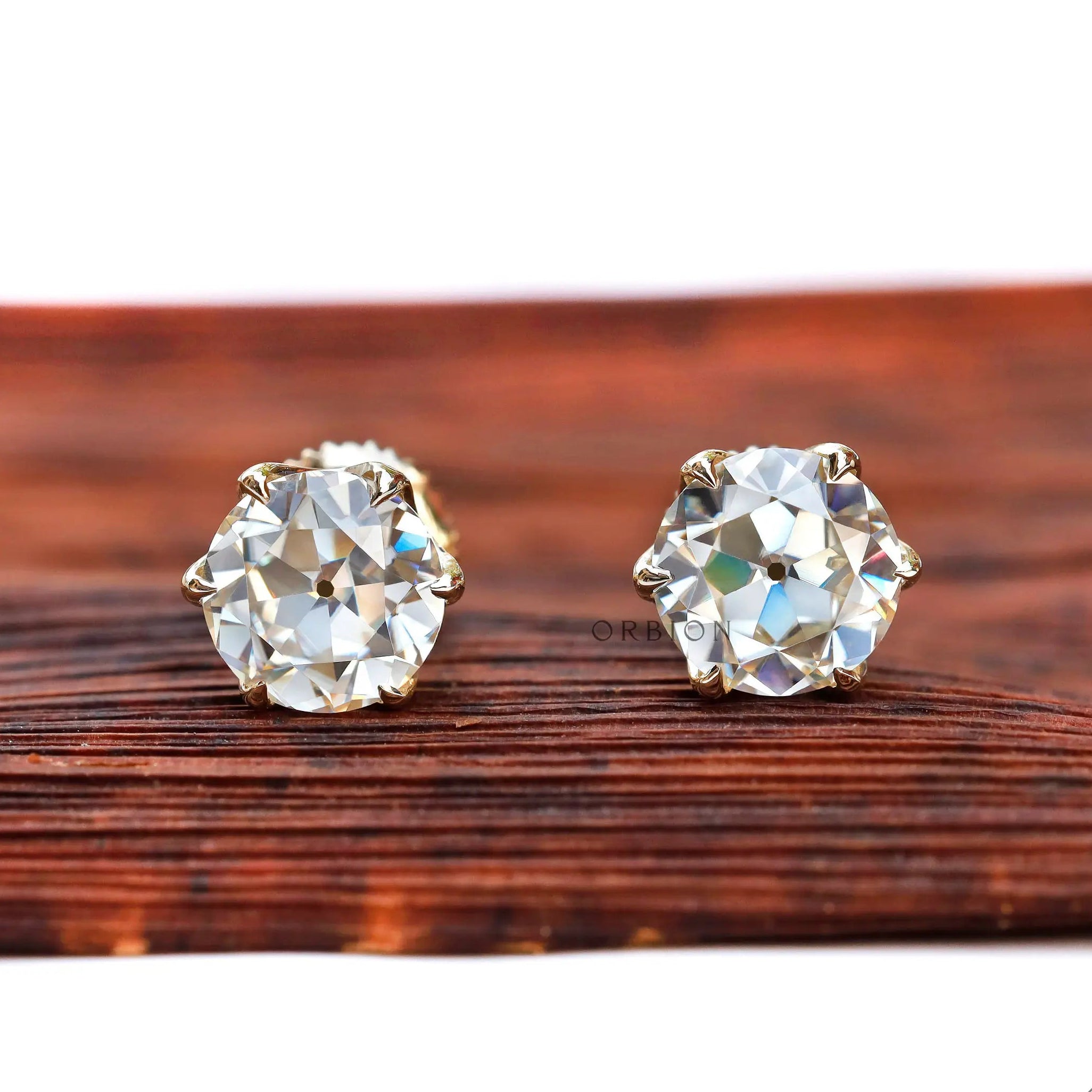 Georgian style round moissanite stud earrings in 10K yellow gold