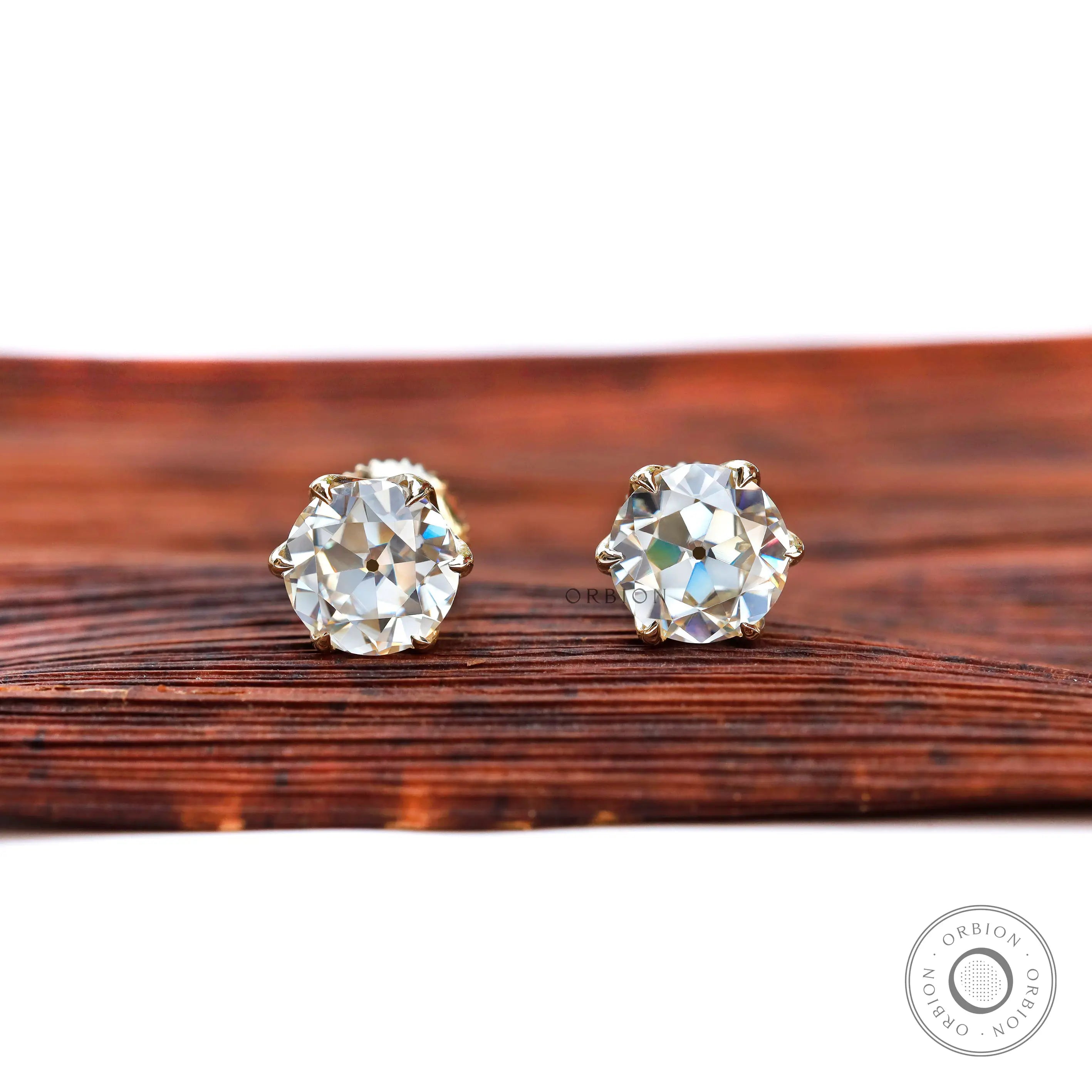 Georgian style round moissanite stud earrings in 10K yellow gold