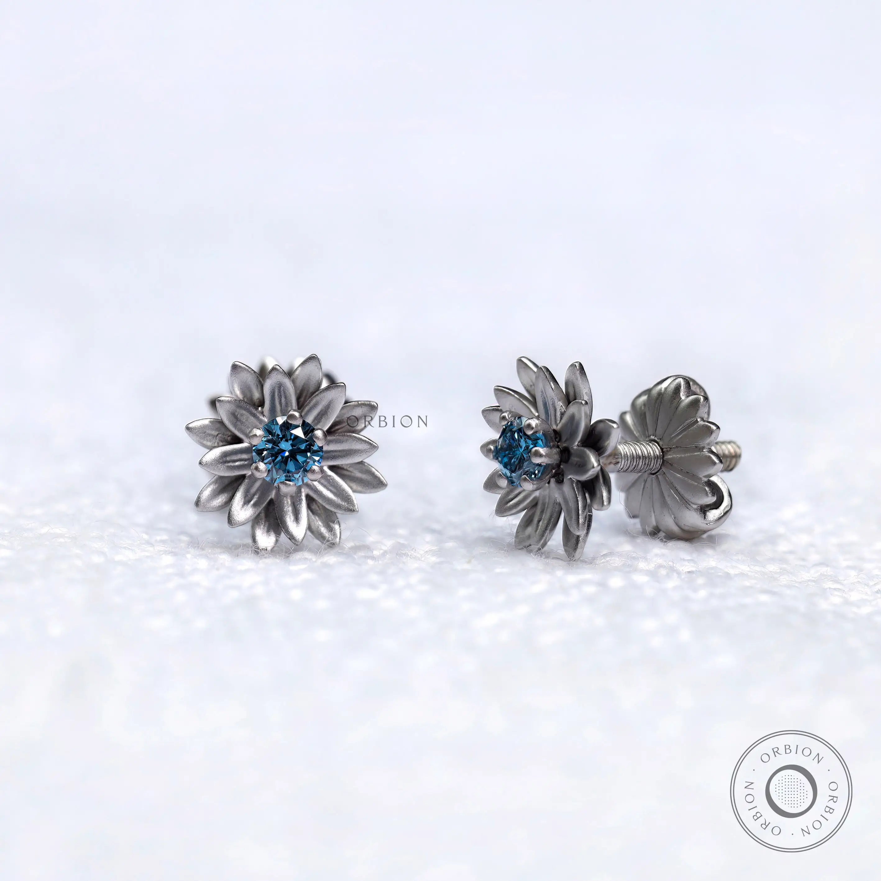 Floral lotus inspired lab diamond earrings with matte white gold finish