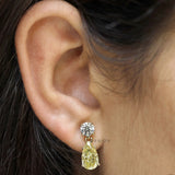 Fine jewelry teardrop earrings with lab grown yellow diamonds, two stone style and 10k yellow gold setting