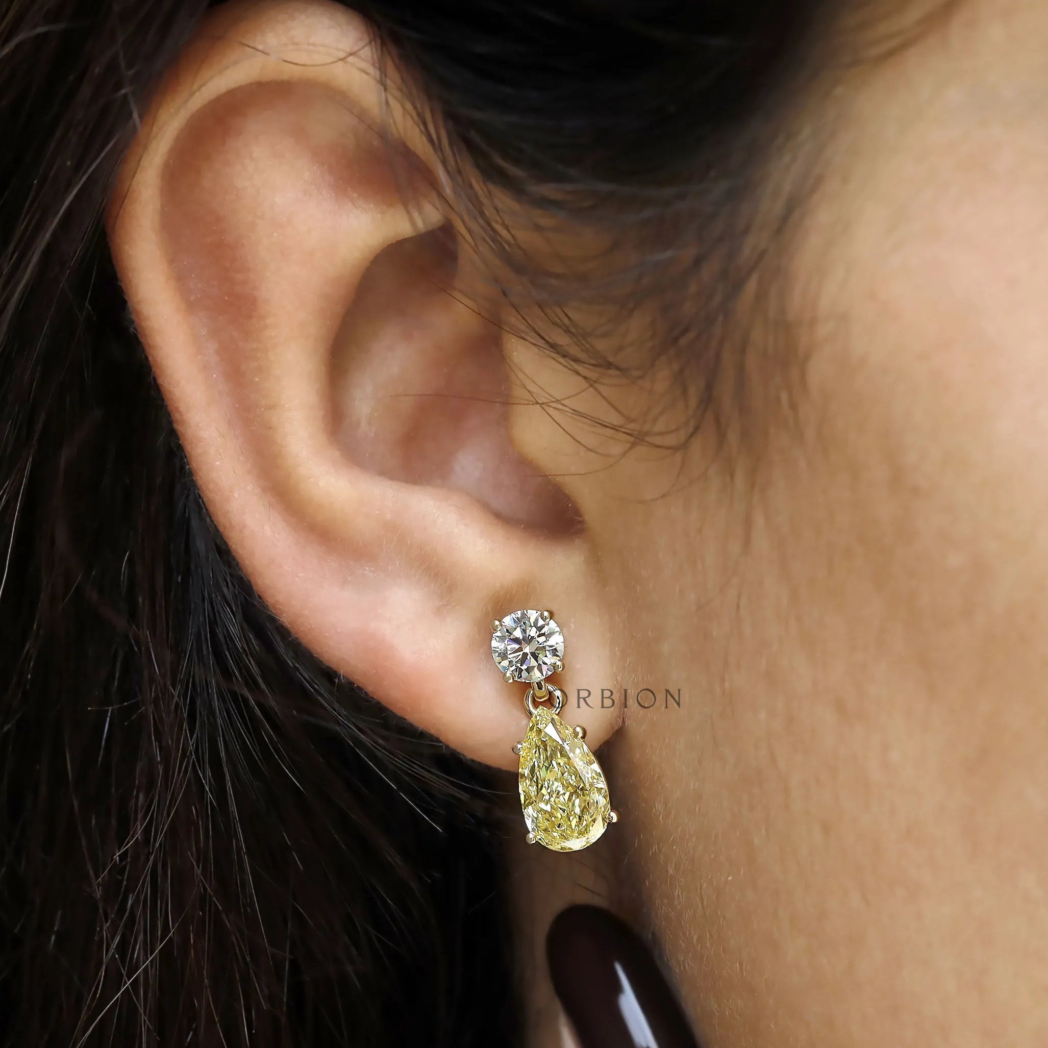 Luxury 10k yellow gold dangle earrings with colorful lab diamond pear and round gemstone combination